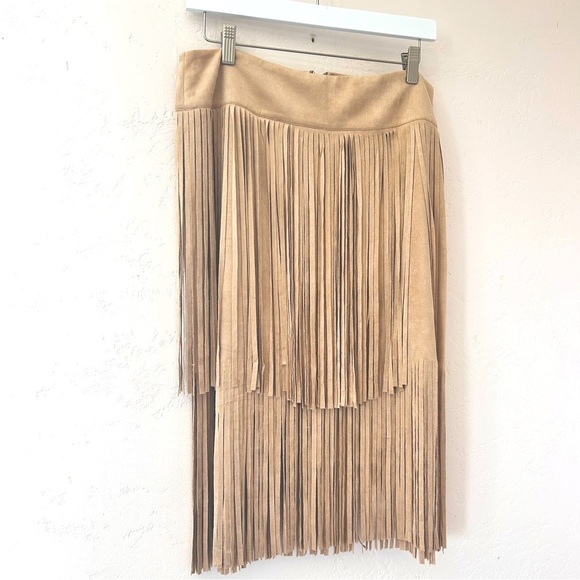 VOCAL Tiered Fringe Faux Suede Knee Length Skirt Size L Tan Western Boho NWT - Picture 4 of 13